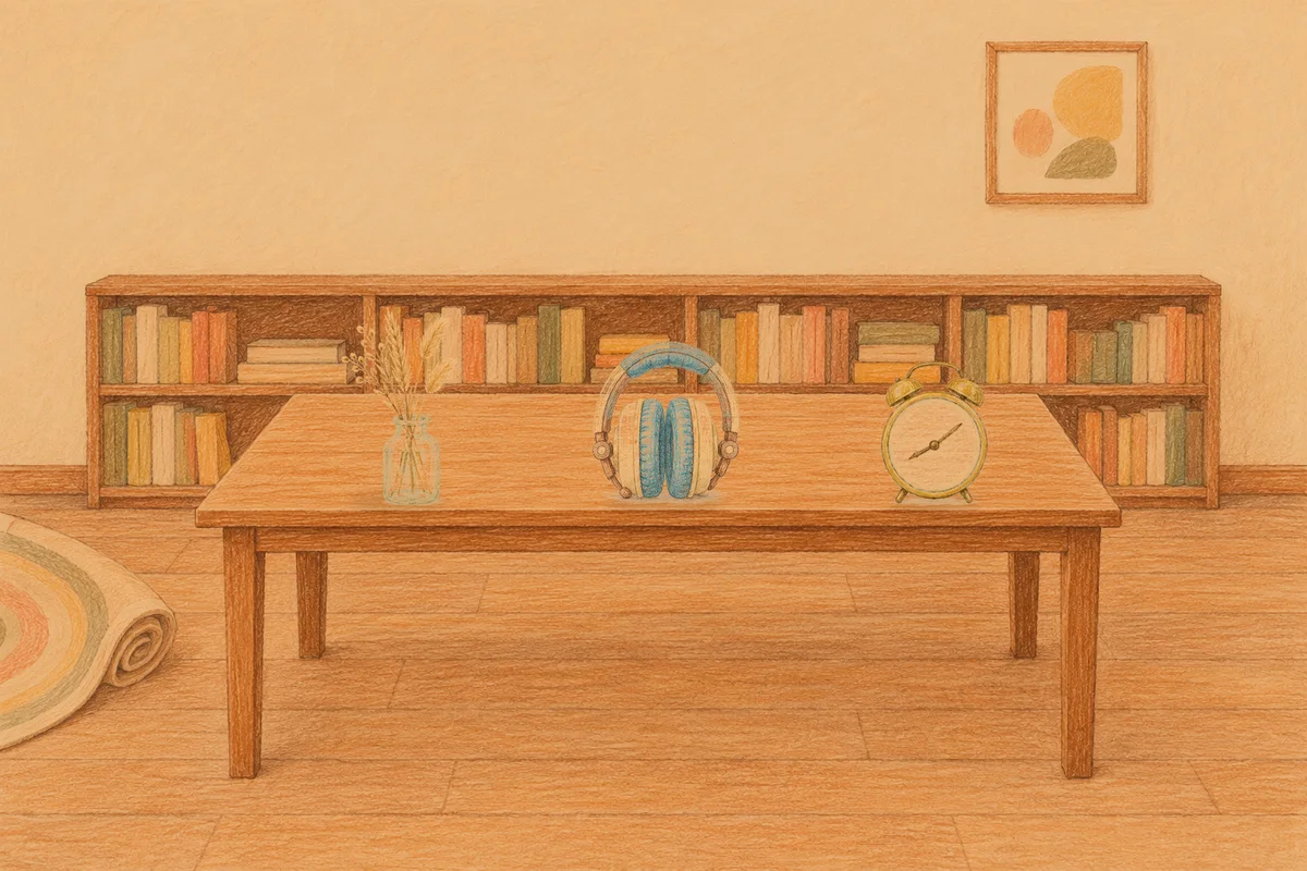 장지동 여성전용 두피 케어 안내 그림, 저녁의 서재 긴 책상 위에 놓인 마른 풀을 꽂은 항아리, 헤드폰, 둥근 알람시계