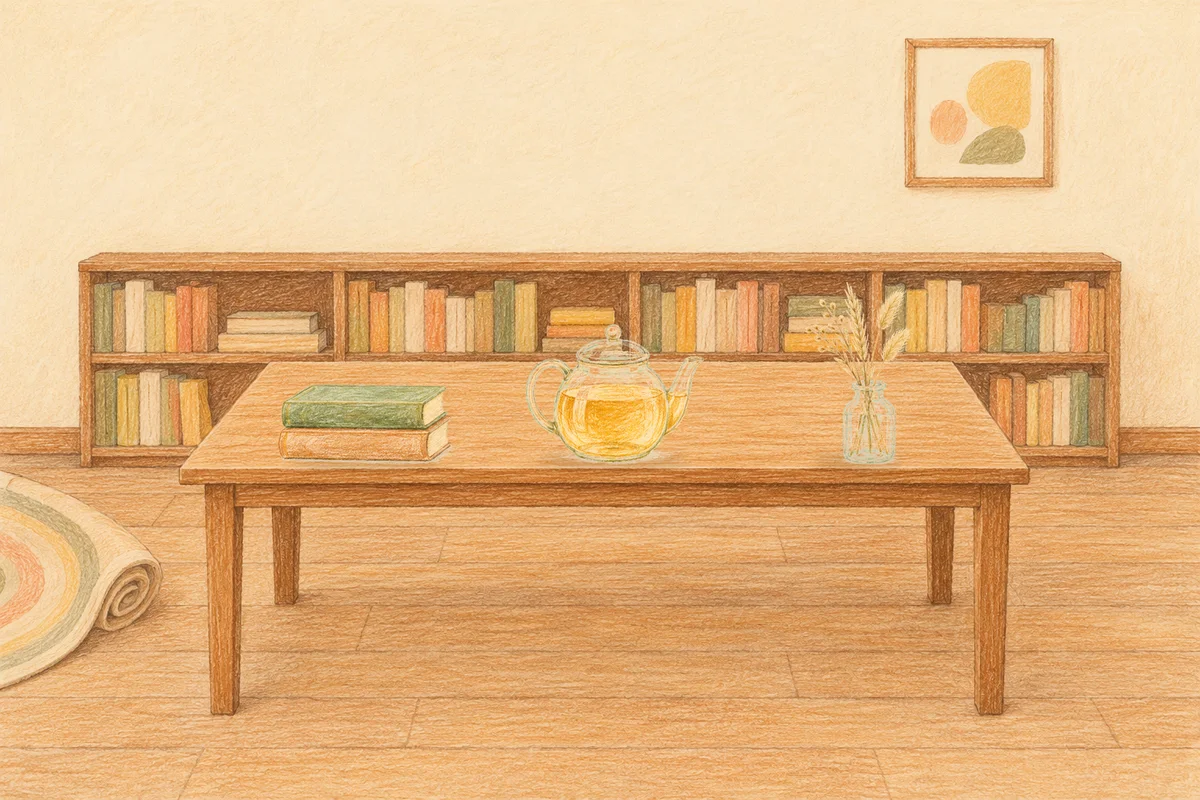 장지동 여성전용 목 어깨 케어 안내 그림, 낮의 서재 긴 책상 위에 놓인 책 두 권, 유리 티포트, 마른 풀을 꽂은 항아리