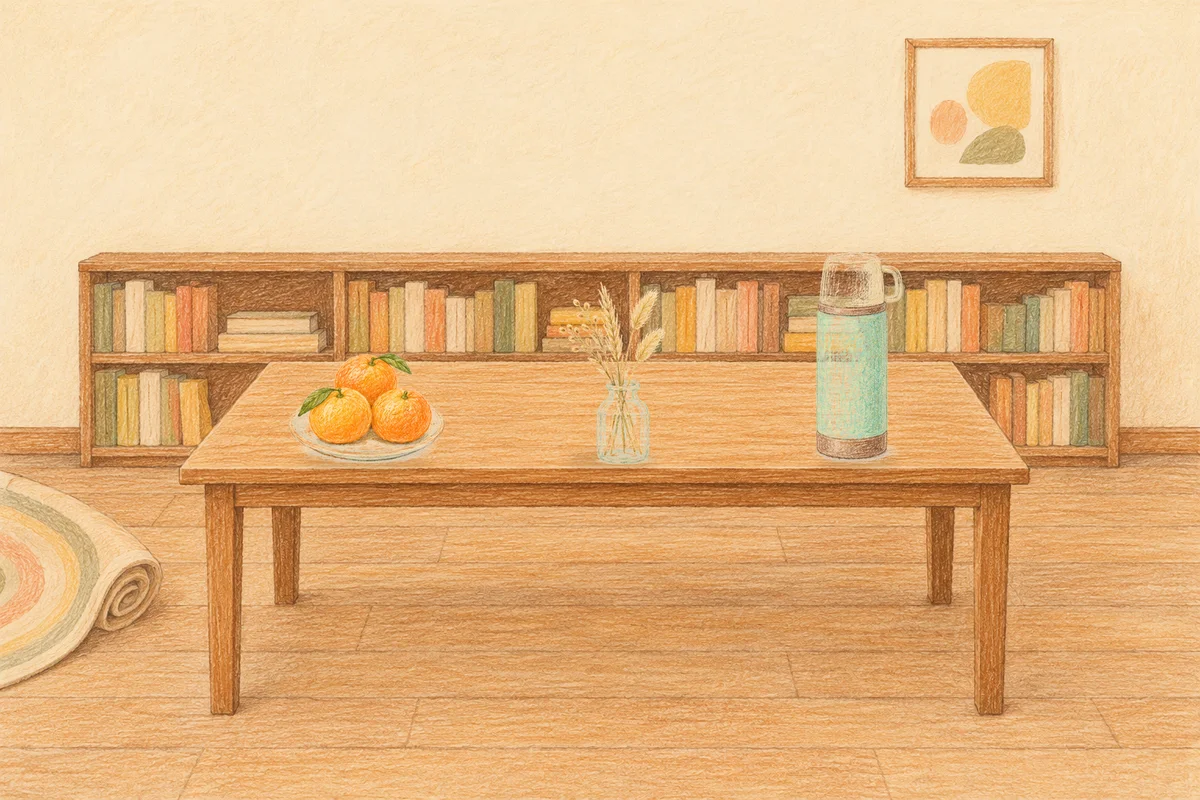 장지동 여성전용 두통 완화 마사지 안내 그림, 낮의 서재 긴 책상 위에 놓인 귤이 담긴 접시, 마른 풀을 꽂은 항아리, 보온병
