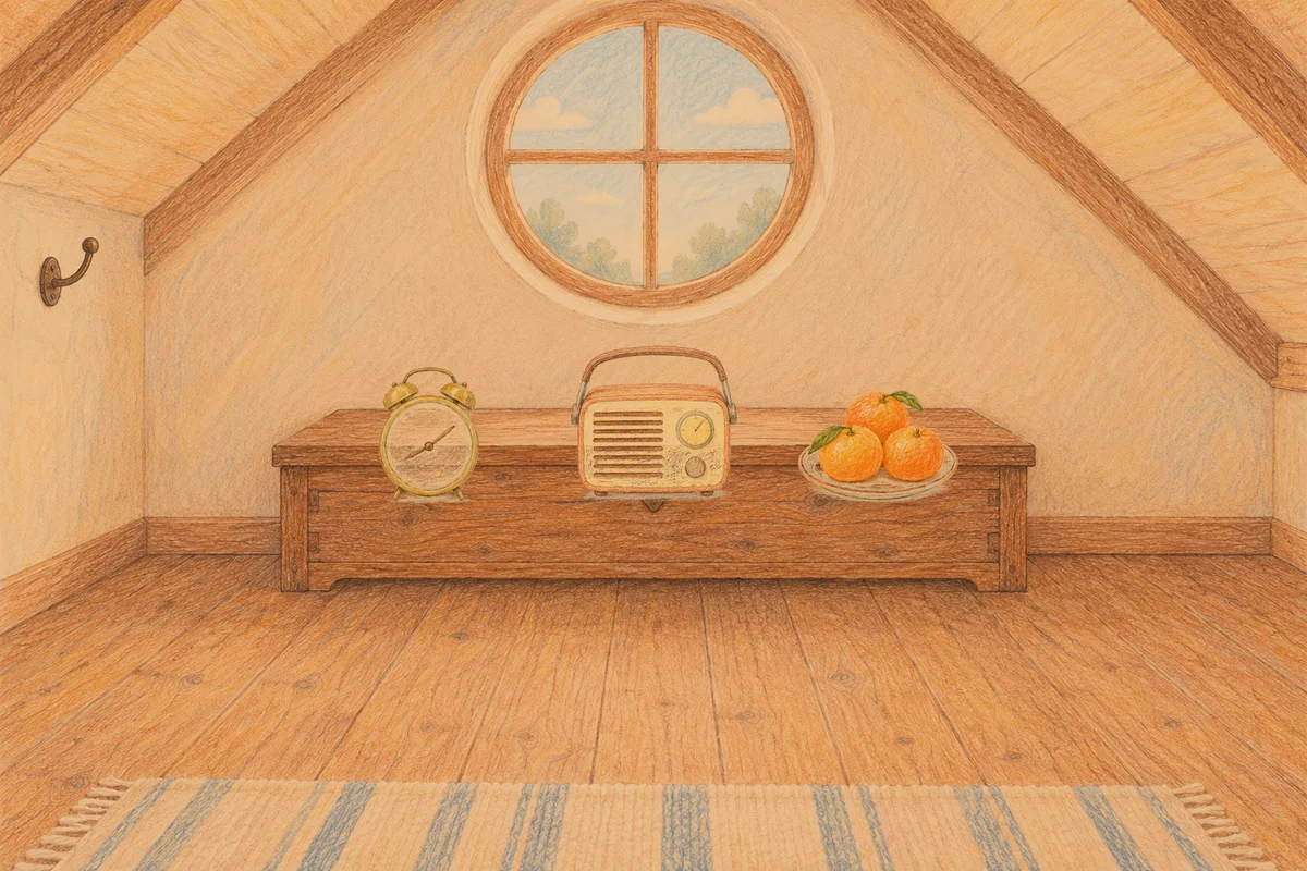 장지동 여성전용 스트레스 케어 안내 그림, 저녁의 다락방 나무 궤짝 위에 놓인 둥근 알람시계, 작은 라디오, 귤이 담긴 접시