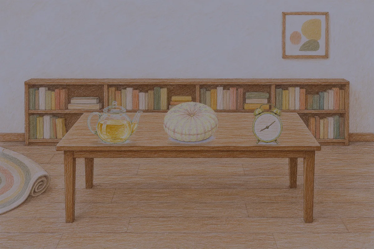 장지동 여성전용 피로 회복 마사지 안내 그림, 밤의 서재 긴 책상 위에 놓인 유리 티포트, 둥근 쿠션, 둥근 알람시계