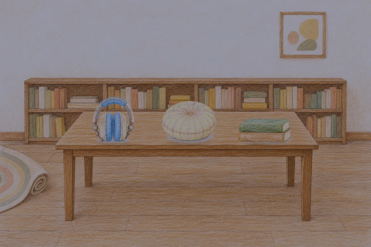 장지동 여성전용 림프 페이셜 안내 그림, 밤의 서재 긴 책상 위에 놓인 헤드폰, 둥근 쿠션, 책 두 권