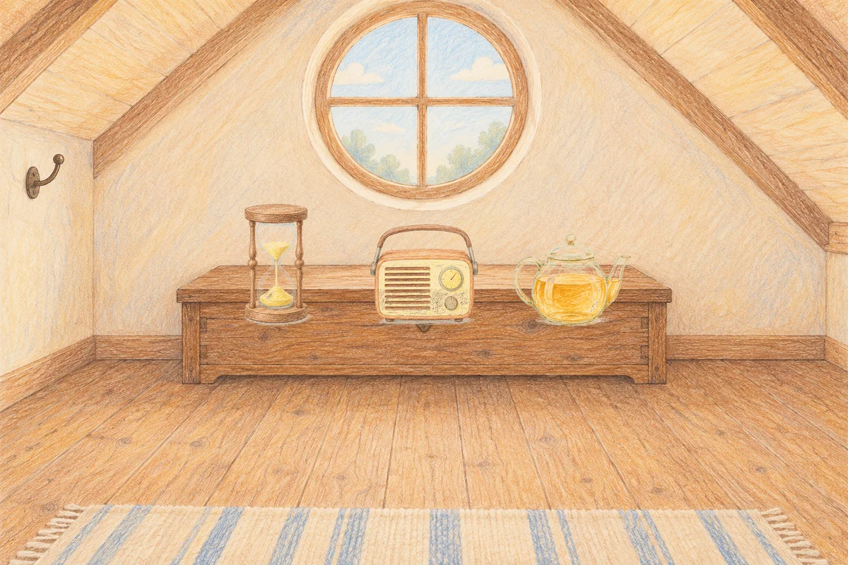 장지동 여성전용 안티에이징 케어 안내 그림, 낮의 다락방 나무 궤짝 위에 놓인 모래시계, 작은 라디오, 유리 티포트