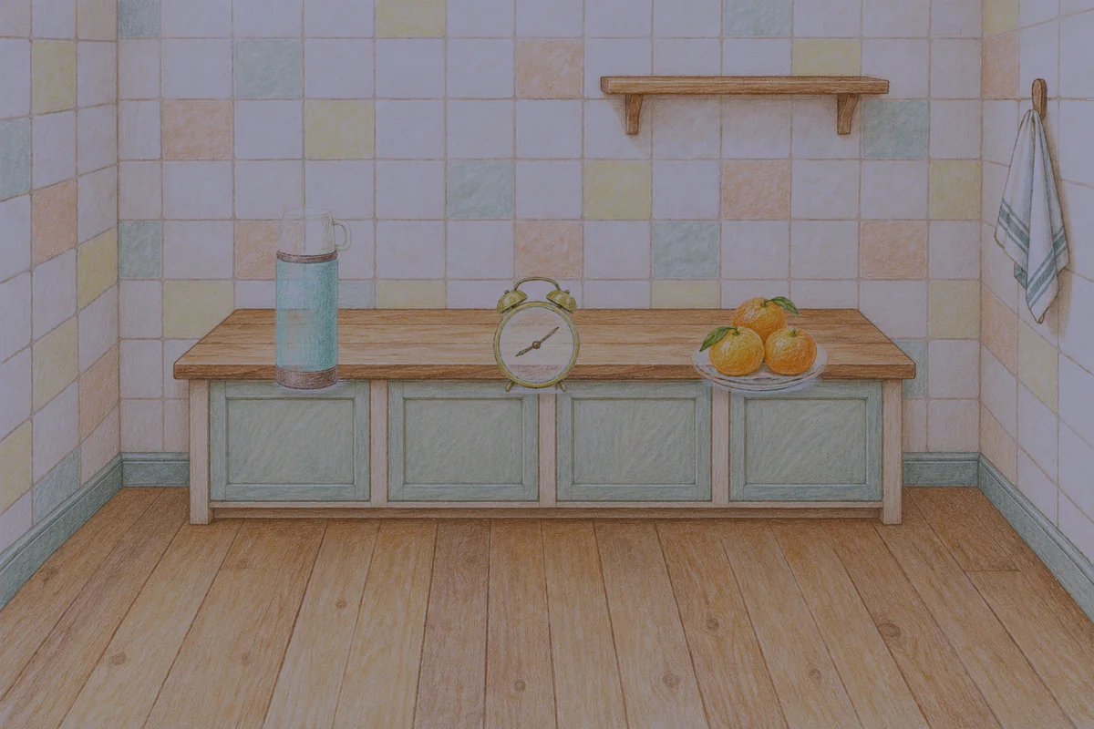 장지동 여성전용 피부 관리 안내 그림, 밤의 부엌 나무 조리대 위에 놓인 보온병, 둥근 알람시계, 귤이 담긴 접시