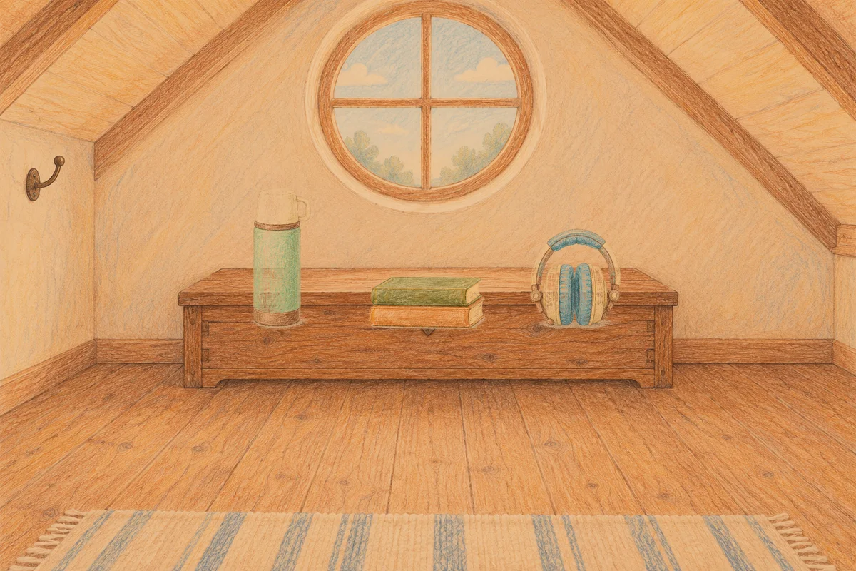 장지동 여성전용 예약 마사지 안내 그림, 저녁의 다락방 나무 궤짝 위에 놓인 보온병, 책 두 권, 헤드폰