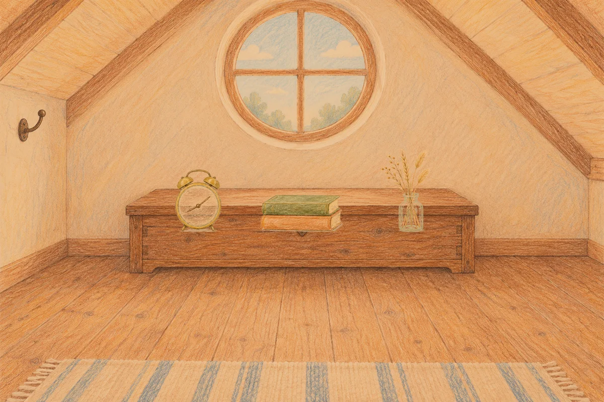 장지동 여성전용 추천 마사지 안내 그림, 저녁의 다락방 나무 궤짝 위에 놓인 둥근 알람시계, 책 두 권, 마른 풀을 꽂은 항아리