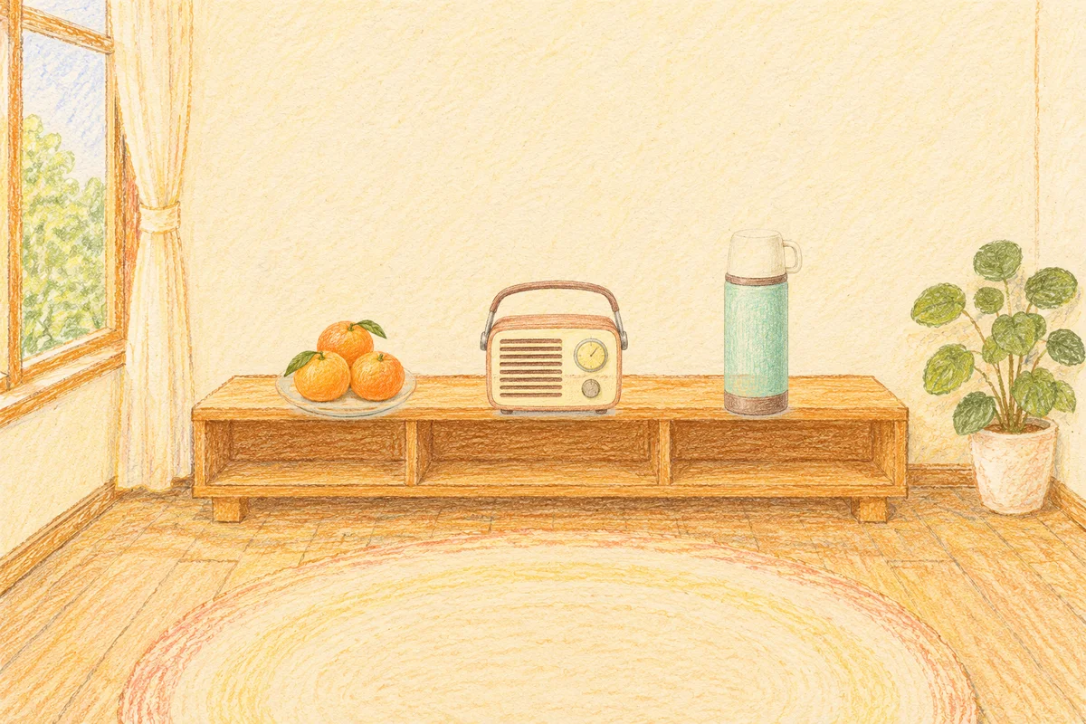 장지동 여성전용 출장 마사지 후기 안내 그림, 낮의 창가 낮은 선반 위에 놓인 귤이 담긴 접시, 작은 라디오, 보온병