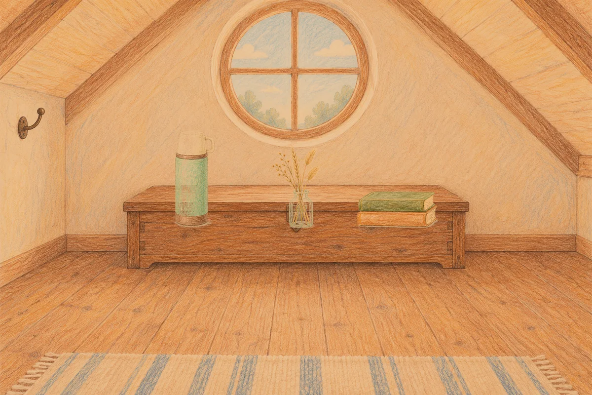 방이동 여성전용 스웨디시 홈케어 안내 그림, 저녁의 다락방 나무 궤짝 위에 놓인 보온병, 마른 풀을 꽂은 항아리, 책 두 권