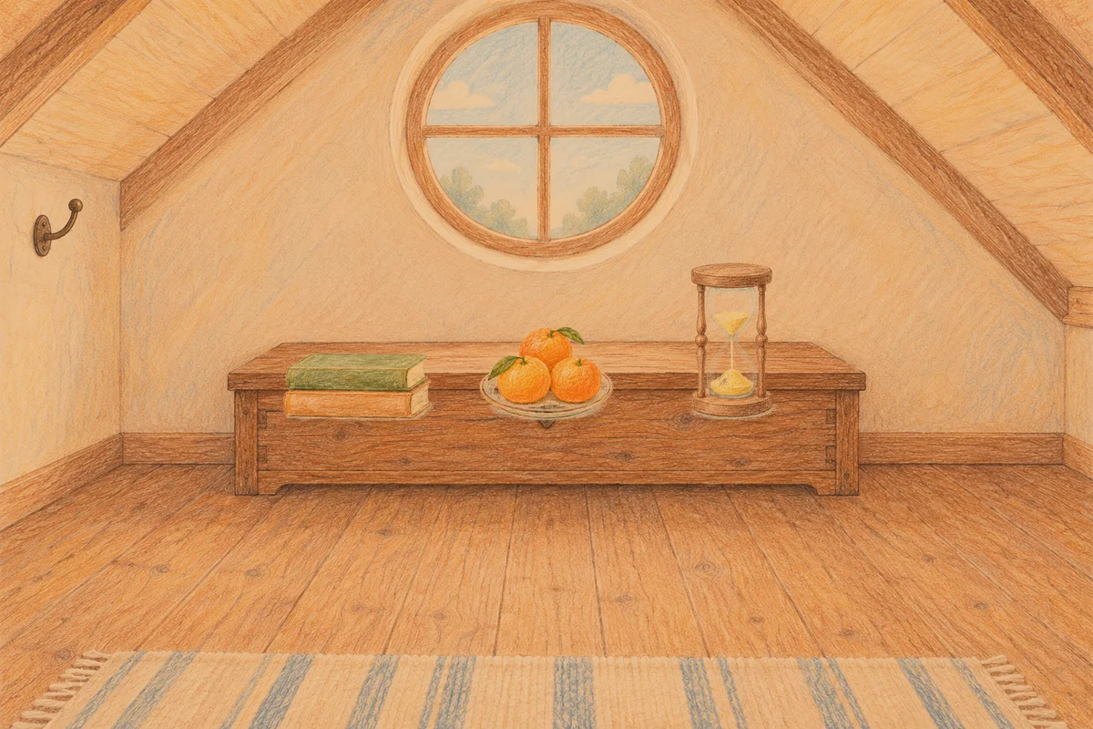 방이동 여성전용 스웨디시 가격 안내 그림, 저녁의 다락방 나무 궤짝 위에 놓인 책 두 권, 귤이 담긴 접시, 모래시계