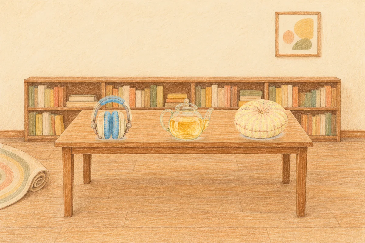 방이동 여성전용 아로마 추천 안내 그림, 낮의 서재 긴 책상 위에 놓인 헤드폰, 유리 티포트, 둥근 쿠션