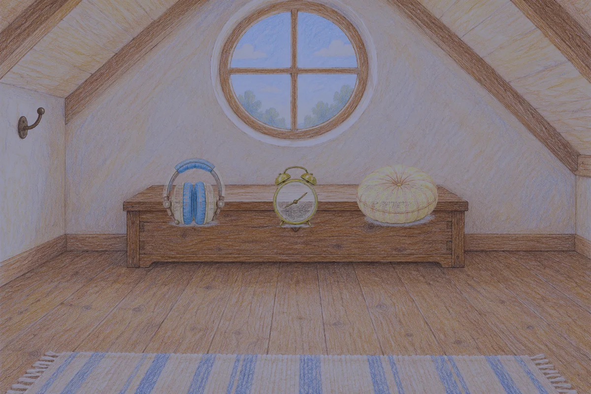 방이동 여성전용 경락 마사지 안내 그림, 밤의 다락방 나무 궤짝 위에 놓인 헤드폰, 둥근 알람시계, 둥근 쿠션
