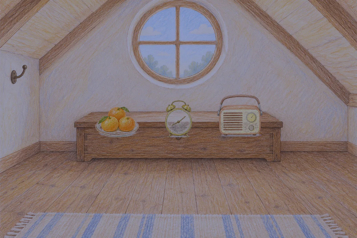 방이동 여성전용 바디 경락 안내 그림, 밤의 다락방 나무 궤짝 위에 놓인 귤이 담긴 접시, 둥근 알람시계, 작은 라디오