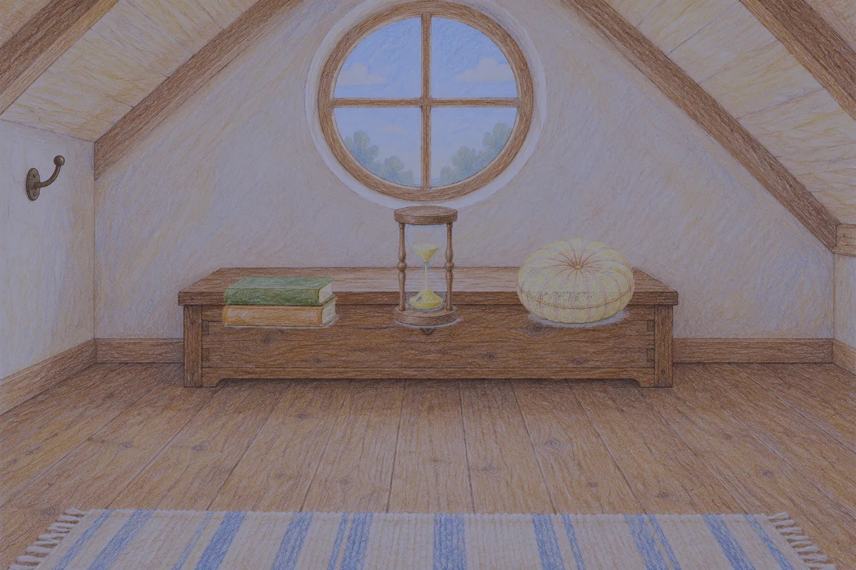방이동 여성전용 프라이빗 케어 안내 그림, 밤의 다락방 나무 궤짝 위에 놓인 책 두 권, 모래시계, 둥근 쿠션