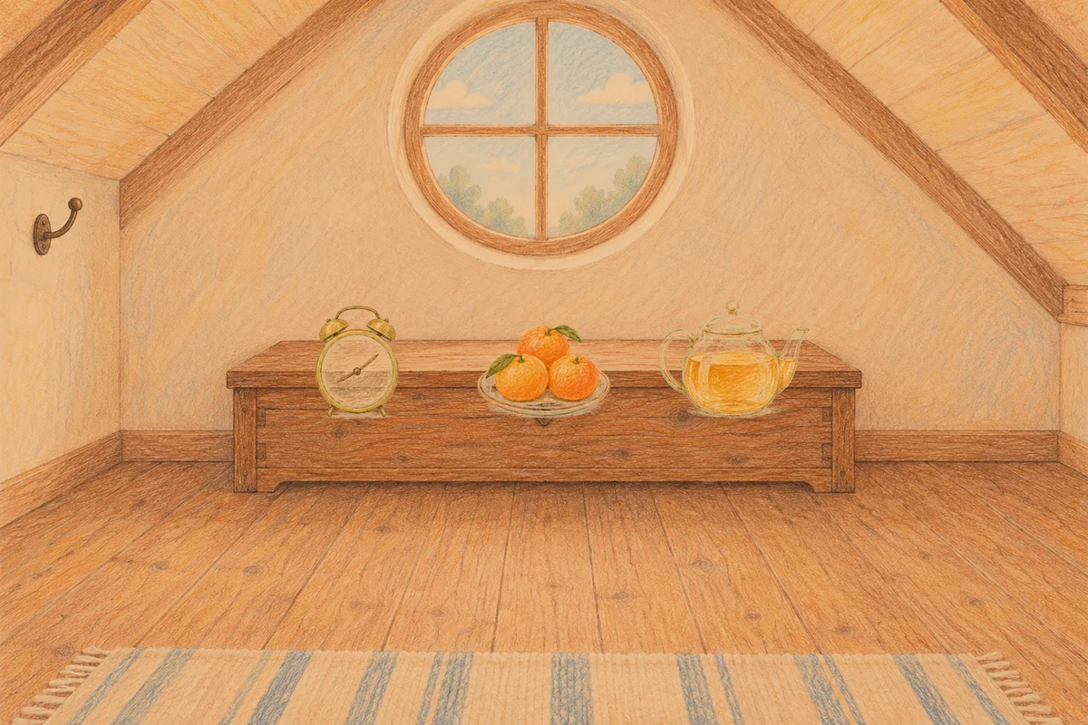 방이동 여성전용 홈케어 추천 안내 그림, 저녁의 다락방 나무 궤짝 위에 놓인 둥근 알람시계, 귤이 담긴 접시, 유리 티포트