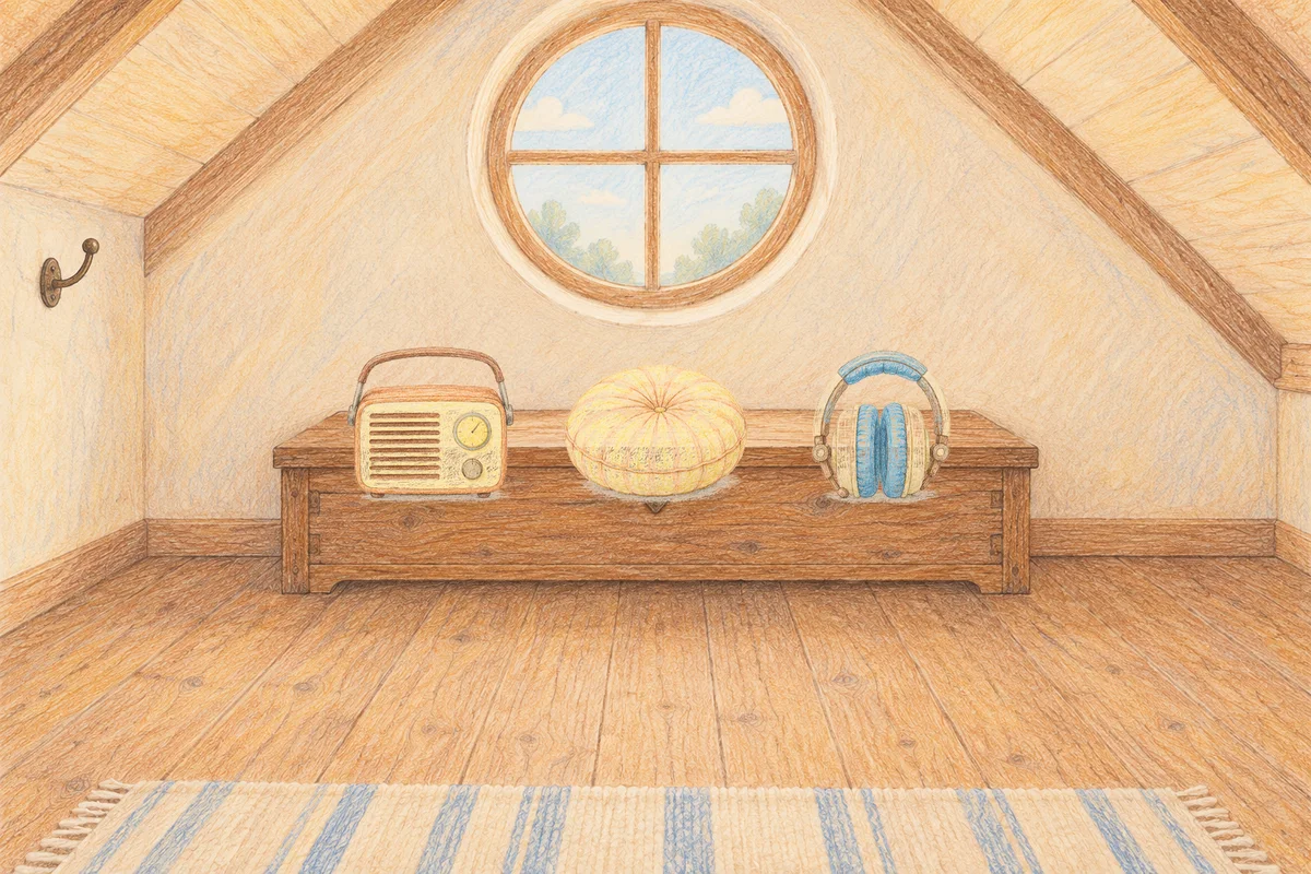 방이동 여성전용 발관리 추천 안내 그림, 낮의 다락방 나무 궤짝 위에 놓인 작은 라디오, 둥근 쿠션, 헤드폰