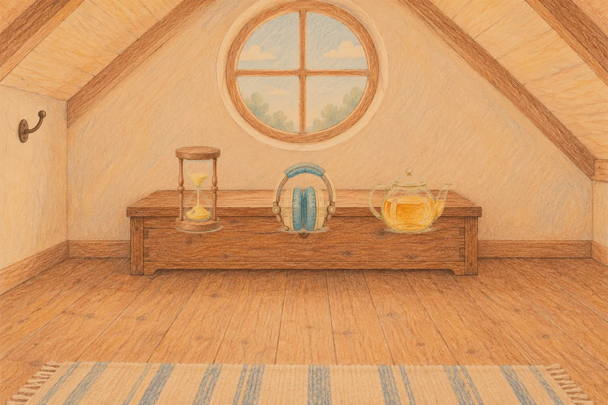 방이동 여성전용 디톡스 마사지 안내 그림, 저녁의 다락방 나무 궤짝 위에 놓인 모래시계, 헤드폰, 유리 티포트