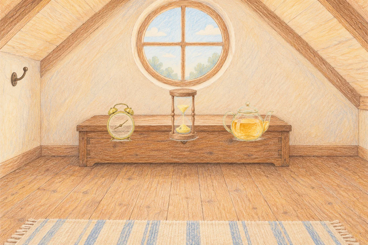 방이동 여성전용 복부 마사지 안내 그림, 낮의 다락방 나무 궤짝 위에 놓인 둥근 알람시계, 모래시계, 유리 티포트