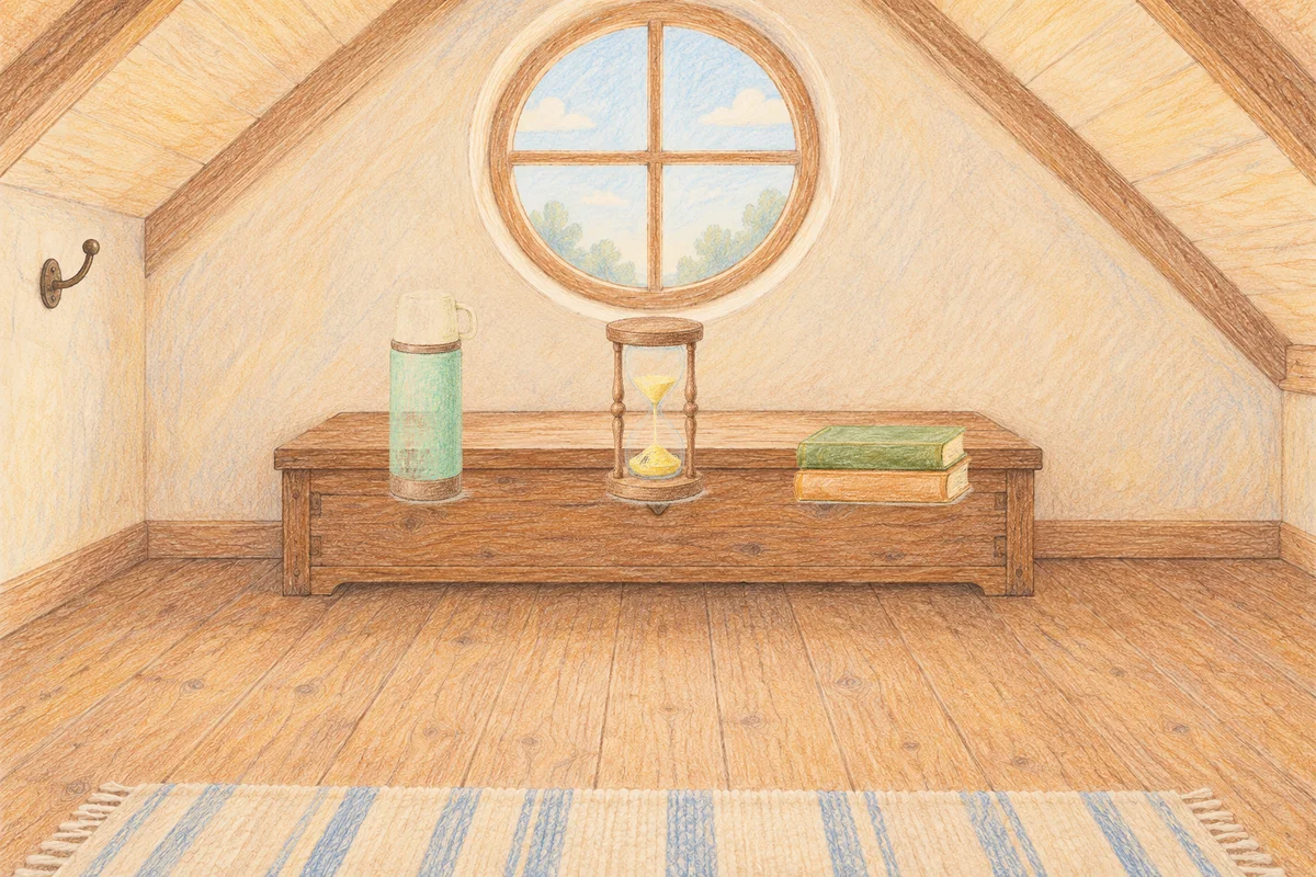 방이동 여성전용 종아리 케어 안내 그림, 낮의 다락방 나무 궤짝 위에 놓인 보온병, 모래시계, 책 두 권