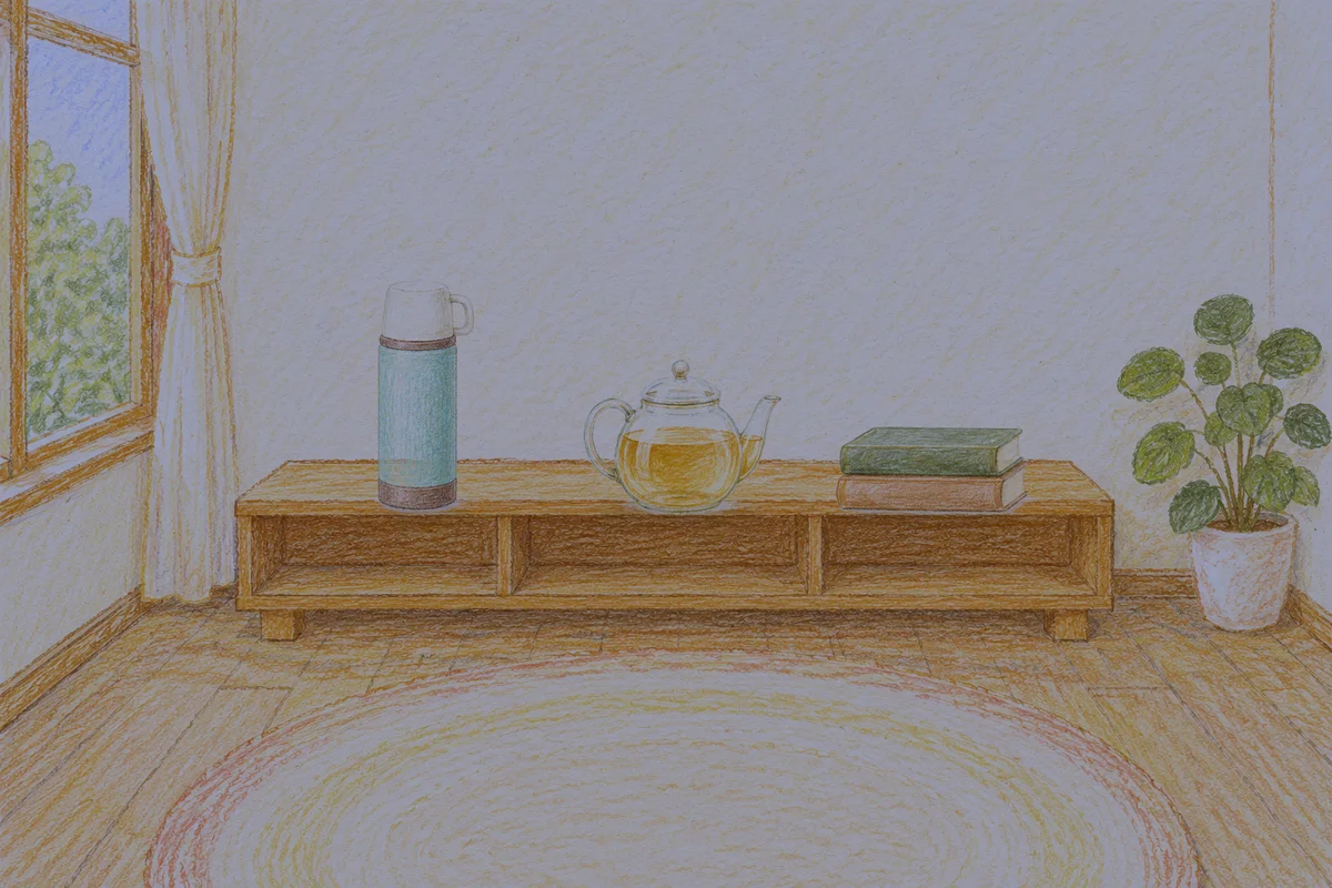 방이동 여성전용 등 마사지 안내 그림, 밤의 창가 낮은 선반 위에 놓인 보온병, 유리 티포트, 책 두 권