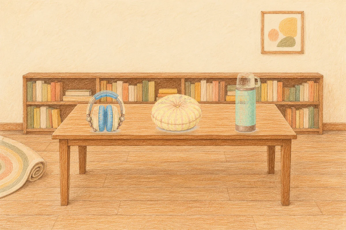 방이동 여성전용 두피 케어 안내 그림, 낮의 서재 긴 책상 위에 놓인 헤드폰, 둥근 쿠션, 보온병