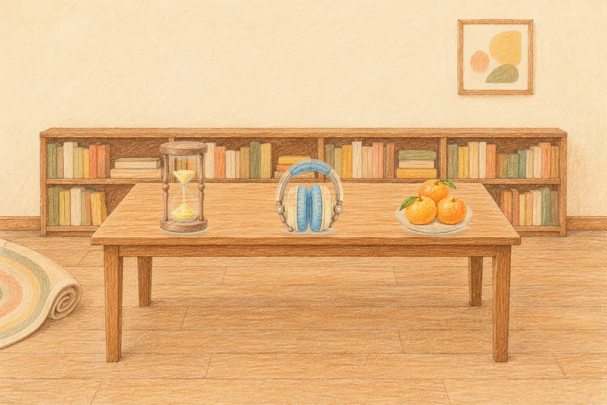 방이동 여성전용 목 어깨 케어 안내 그림, 낮의 서재 긴 책상 위에 놓인 모래시계, 헤드폰, 귤이 담긴 접시