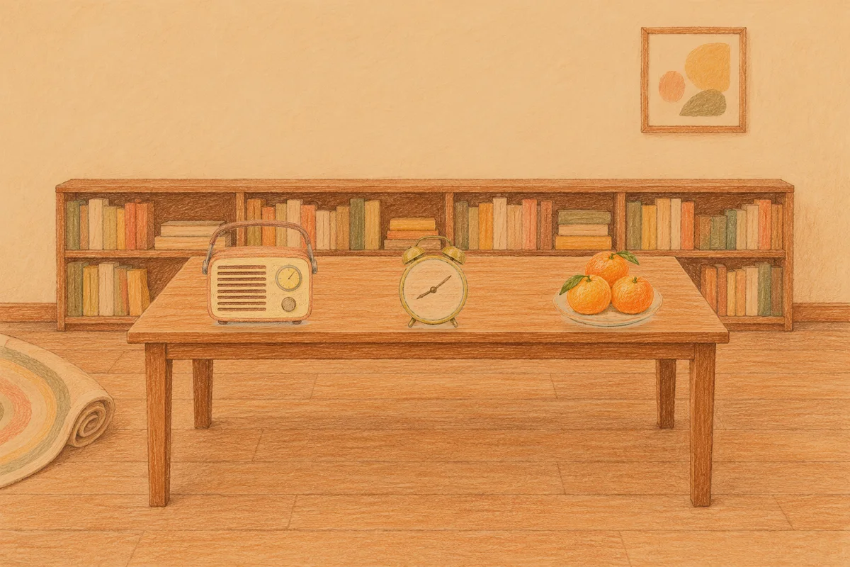 방이동 여성전용 두통 완화 마사지 안내 그림, 저녁의 서재 긴 책상 위에 놓인 작은 라디오, 둥근 알람시계, 귤이 담긴 접시