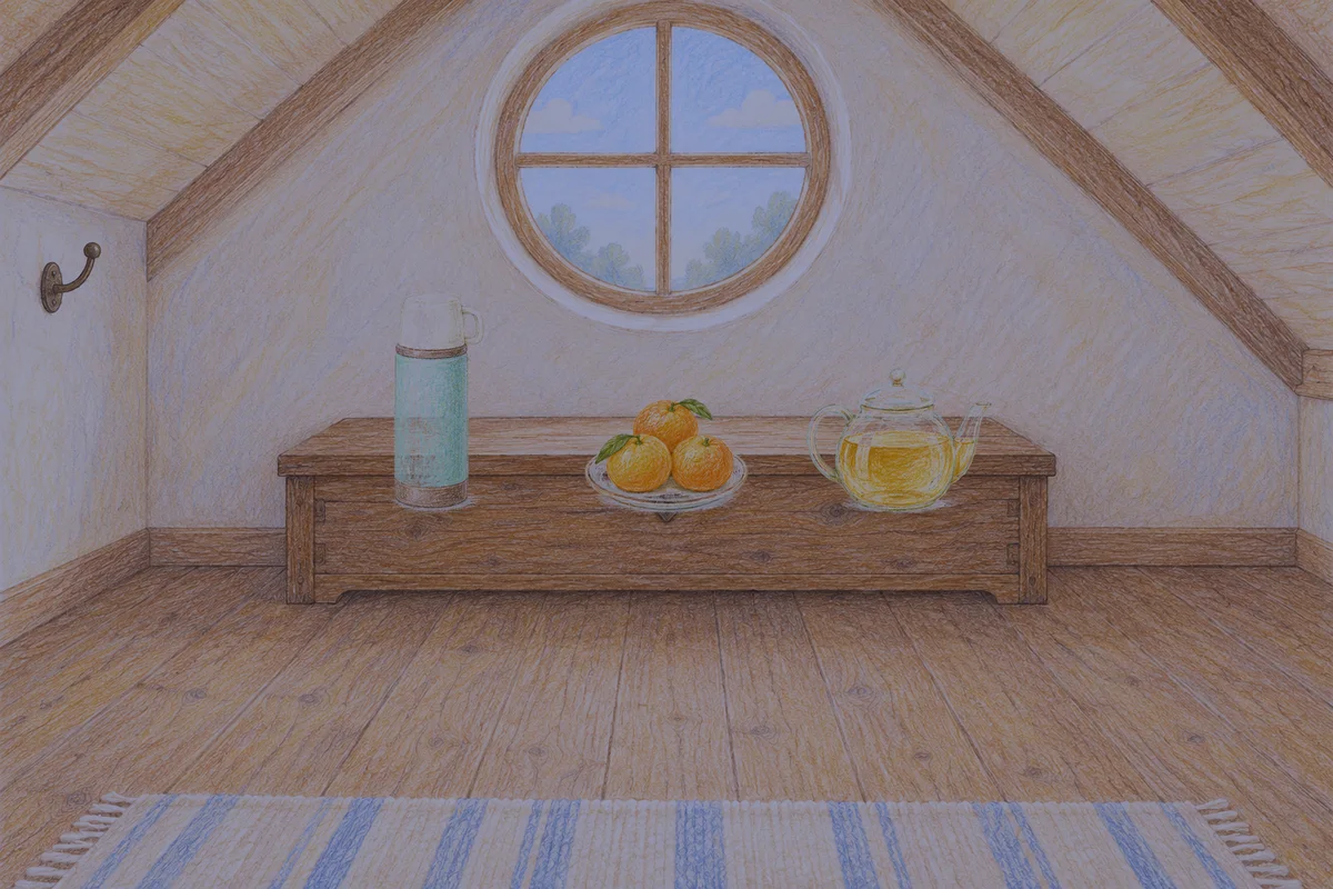 방이동 여성전용 수면 케어 안내 그림, 밤의 다락방 나무 궤짝 위에 놓인 보온병, 귤이 담긴 접시, 유리 티포트