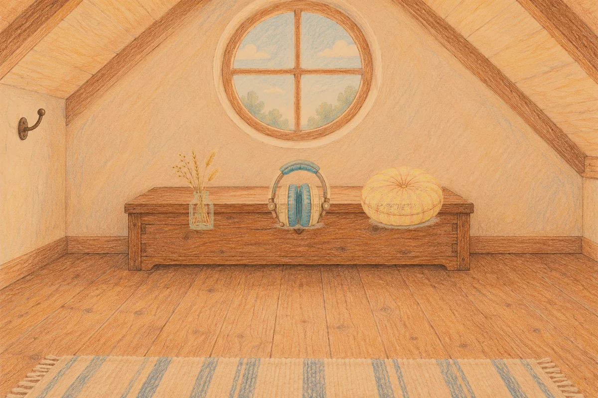 방이동 여성전용 샵 마사지 안내 그림, 저녁의 다락방 나무 궤짝 위에 놓인 마른 풀을 꽂은 항아리, 헤드폰, 둥근 쿠션