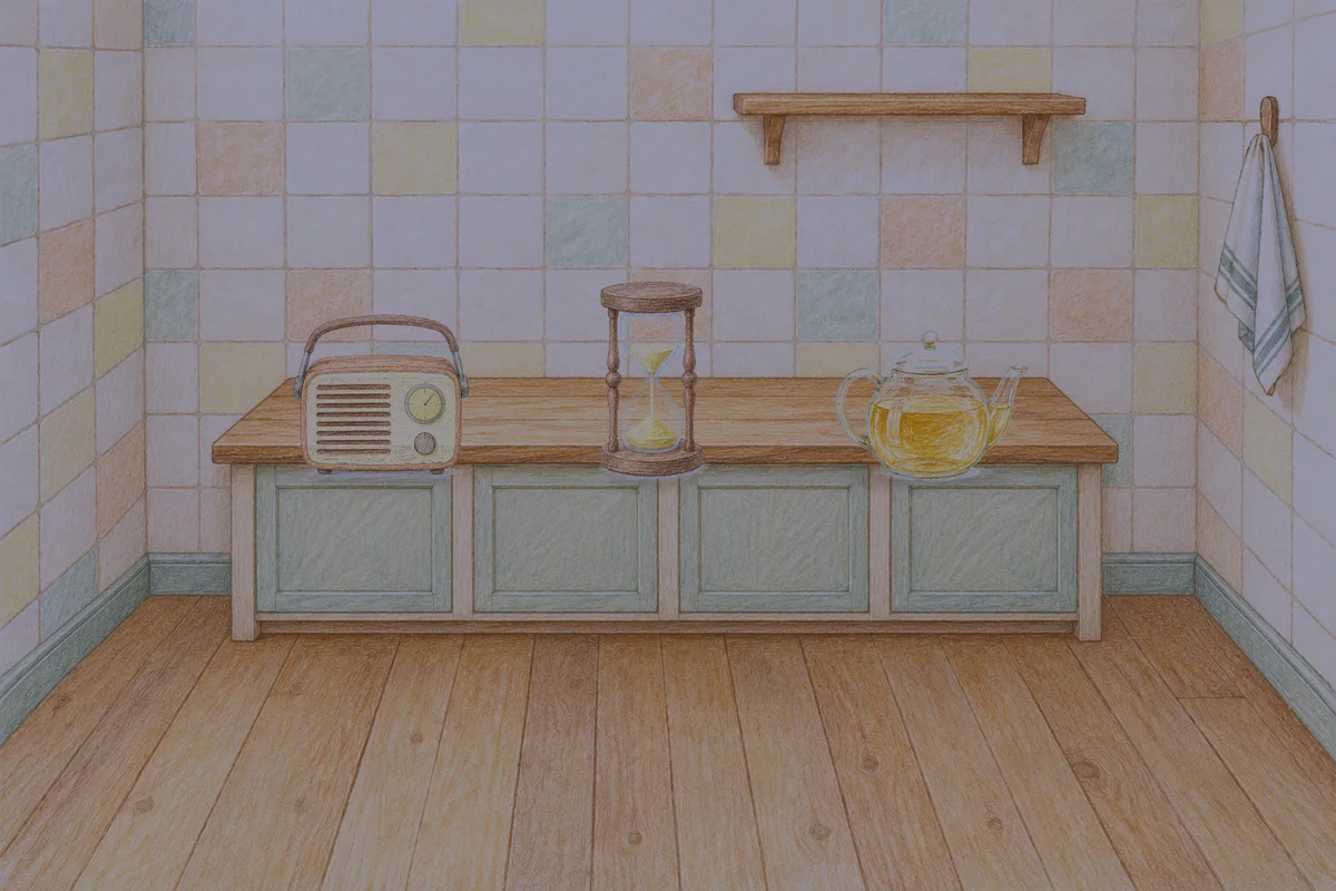 방이동 여성전용 예약 마사지 안내 그림, 밤의 부엌 나무 조리대 위에 놓인 작은 라디오, 모래시계, 유리 티포트