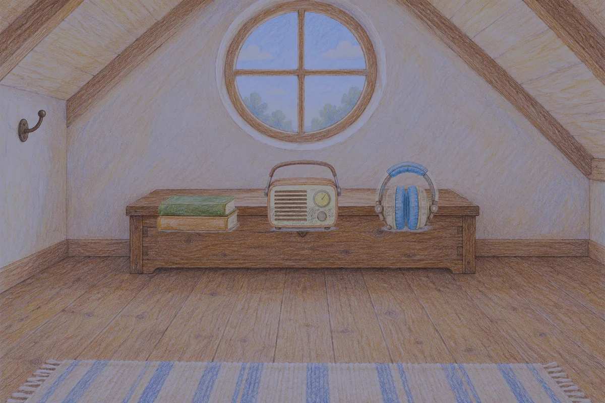 오금동 여성전용 라벤더 아로마 안내 그림, 밤의 다락방 나무 궤짝 위에 놓인 책 두 권, 작은 라디오, 헤드폰