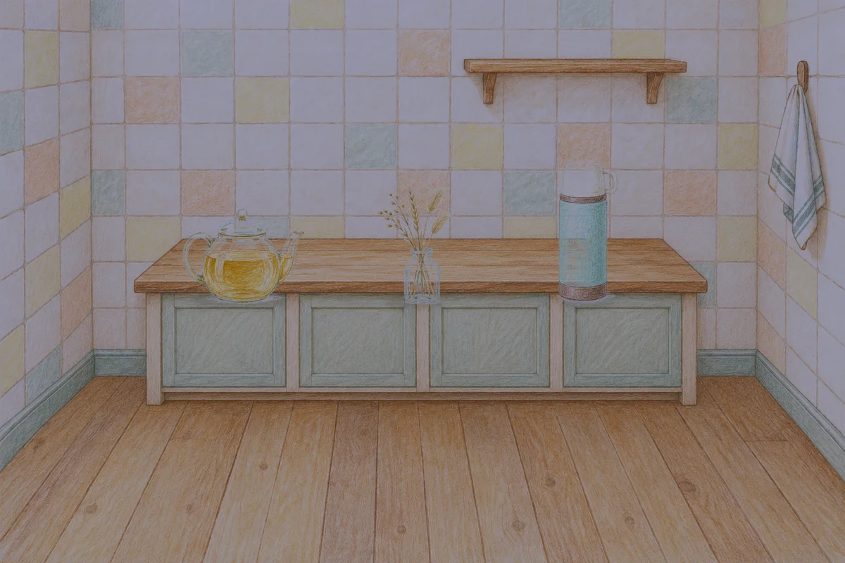 오금동 여성전용 스웨디시 후기 안내 그림, 밤의 부엌 나무 조리대 위에 놓인 유리 티포트, 마른 풀을 꽂은 항아리, 보온병