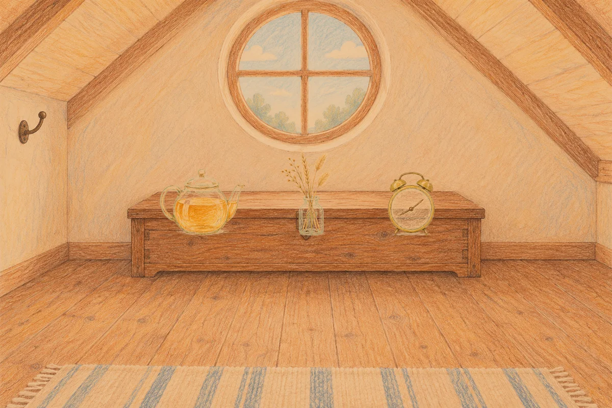 오금동 여성전용 스웨디시 추천 안내 그림, 저녁의 다락방 나무 궤짝 위에 놓인 유리 티포트, 마른 풀을 꽂은 항아리, 둥근 알람시계