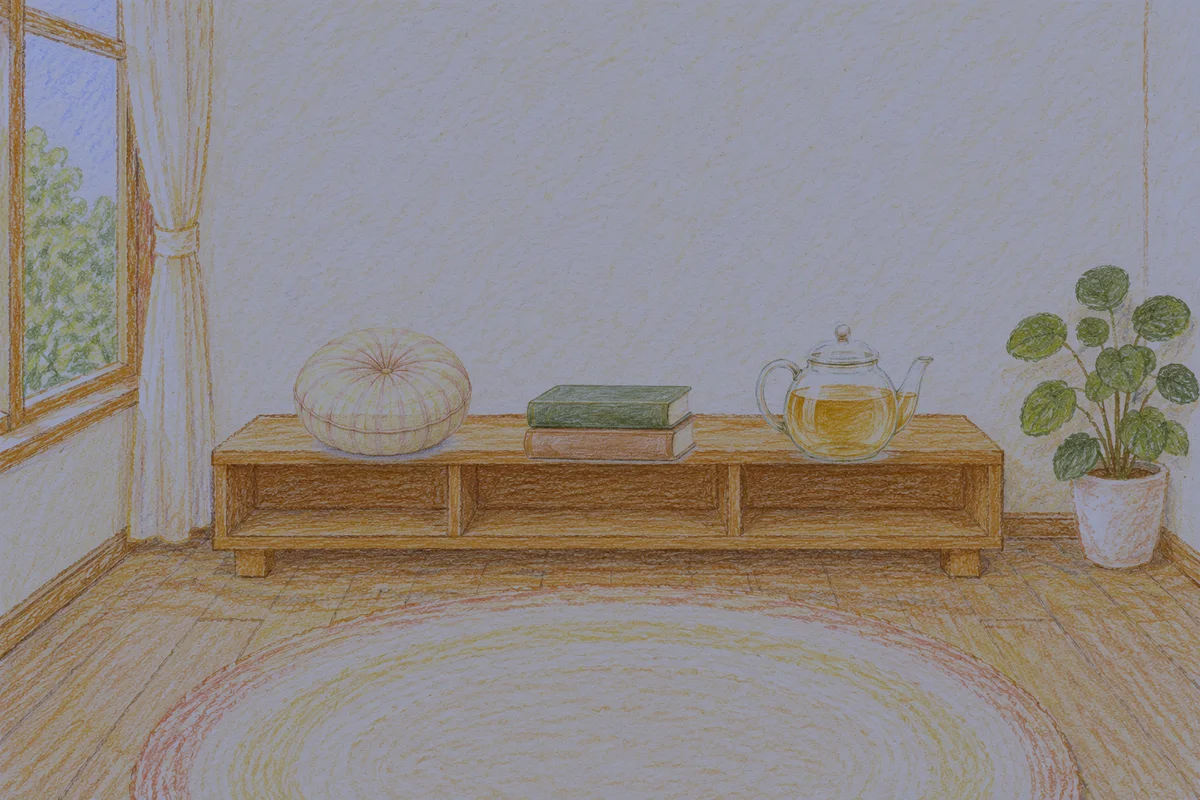 오금동 여성전용 경락마사지 안내 그림, 밤의 창가 낮은 선반 위에 놓인 둥근 쿠션, 책 두 권, 유리 티포트