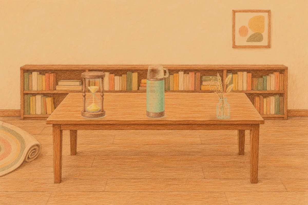 오금동 여성전용 경락 케어 안내 그림, 저녁의 서재 긴 책상 위에 놓인 모래시계, 보온병, 마른 풀을 꽂은 항아리
