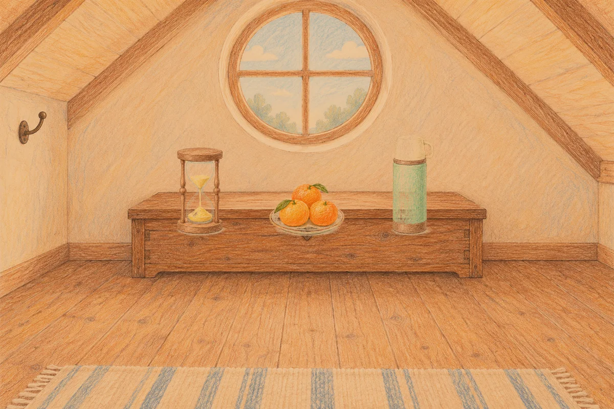 오금동 여성전용 바디 경락 안내 그림, 저녁의 다락방 나무 궤짝 위에 놓인 모래시계, 귤이 담긴 접시, 보온병
