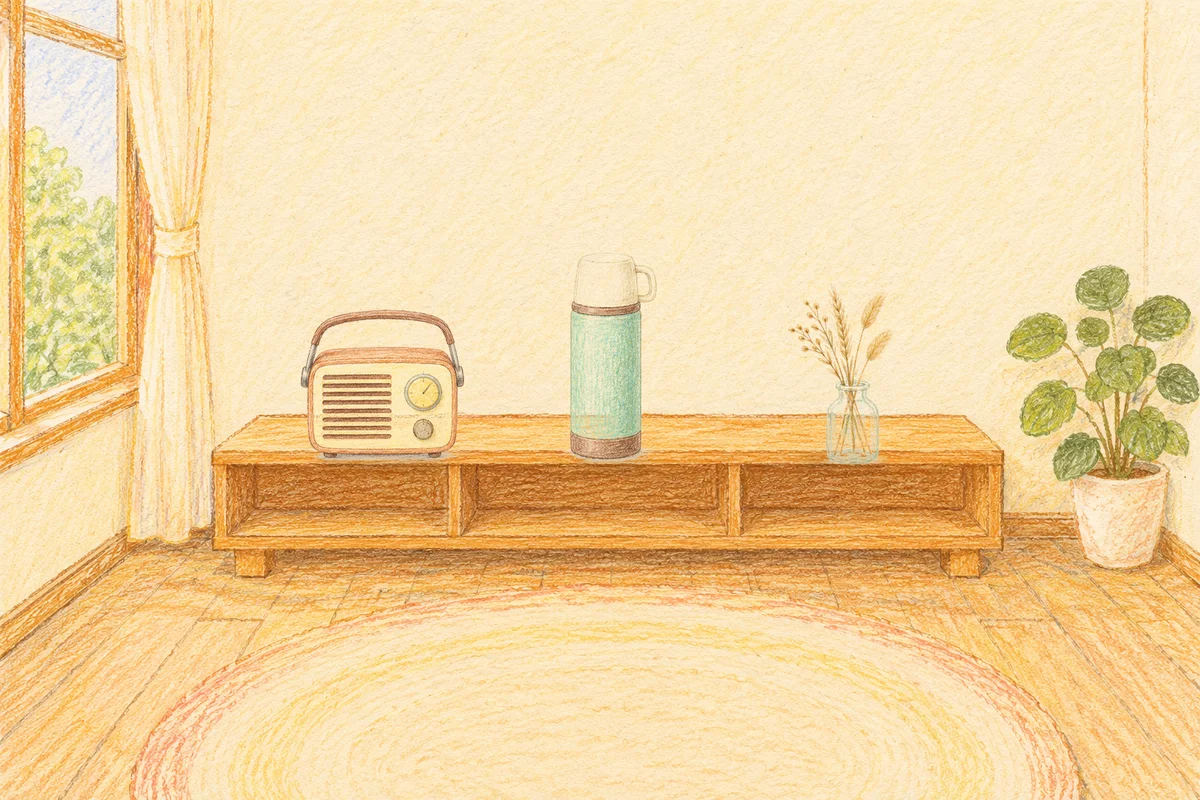 오금동 여성전용 경락마사지 후기 안내 그림, 낮의 창가 낮은 선반 위에 놓인 작은 라디오, 보온병, 마른 풀을 꽂은 항아리
