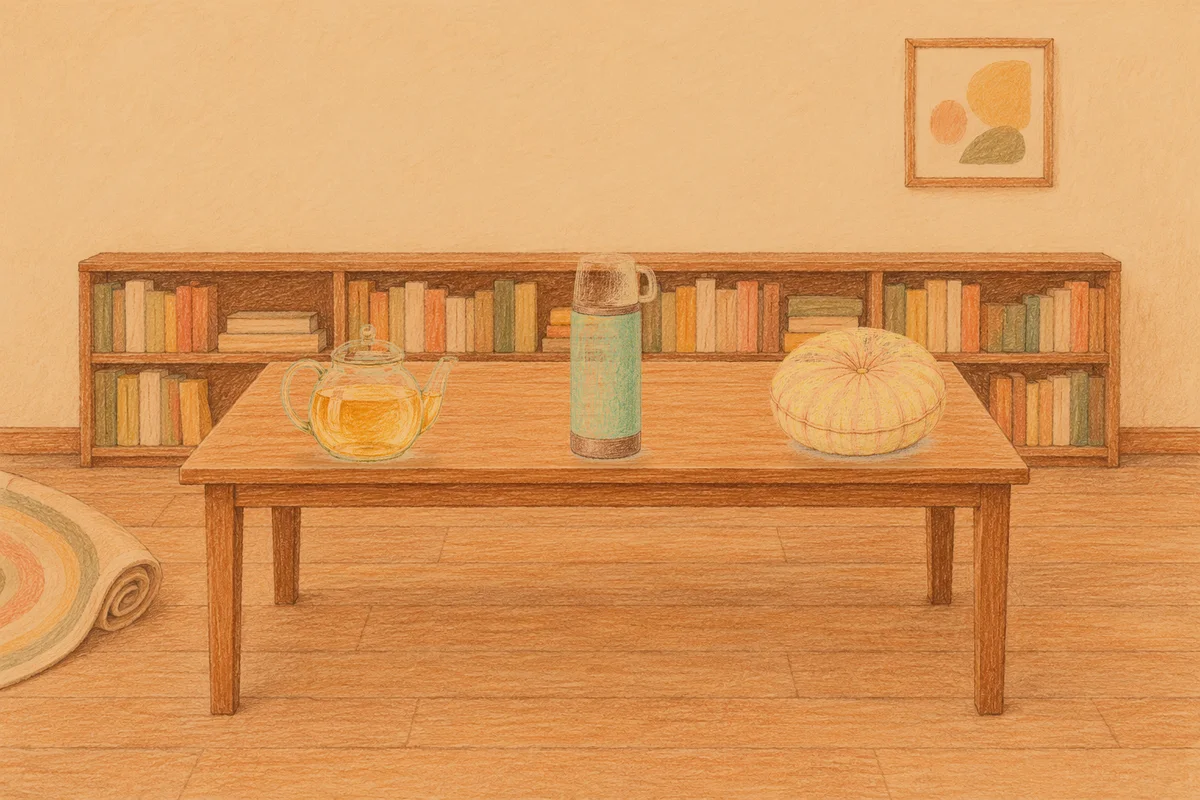 오금동 여성전용 경락 추천 안내 그림, 저녁의 서재 긴 책상 위에 놓인 유리 티포트, 보온병, 둥근 쿠션