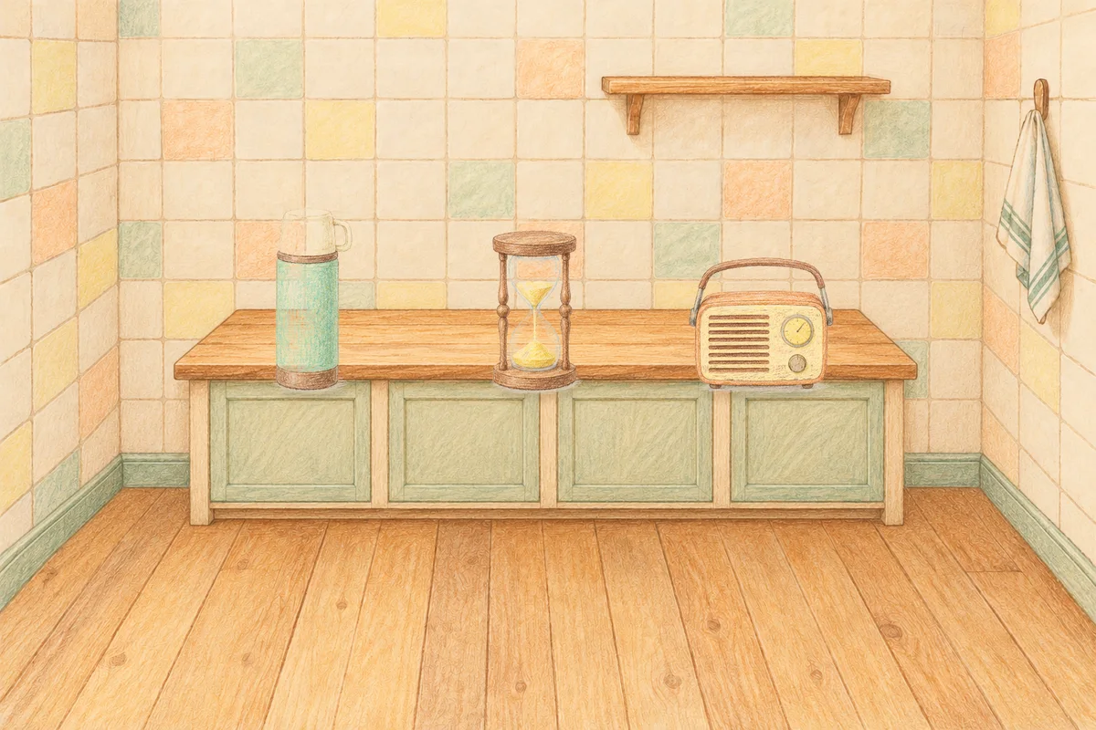 오금동 여성전용 홈케어 안내 그림, 낮의 부엌 나무 조리대 위에 놓인 보온병, 모래시계, 작은 라디오