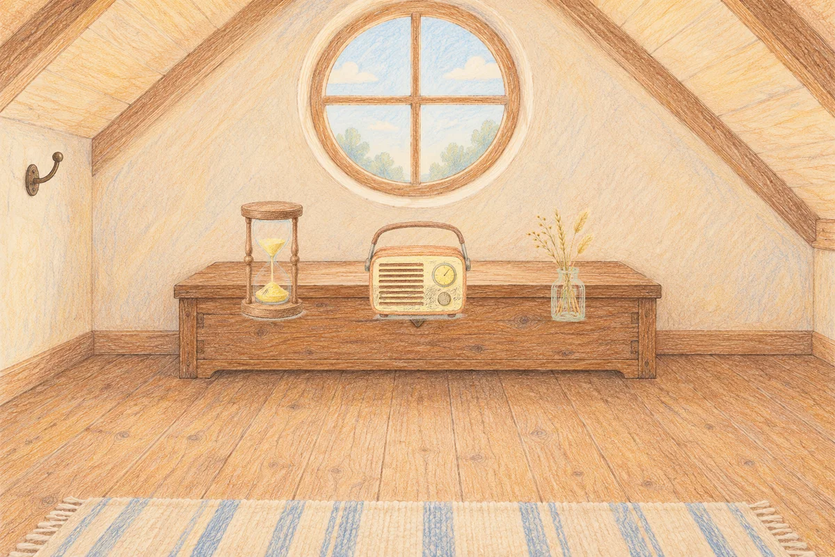 오금동 여성전용 홈케어 서비스 안내 그림, 낮의 다락방 나무 궤짝 위에 놓인 모래시계, 작은 라디오, 마른 풀을 꽂은 항아리