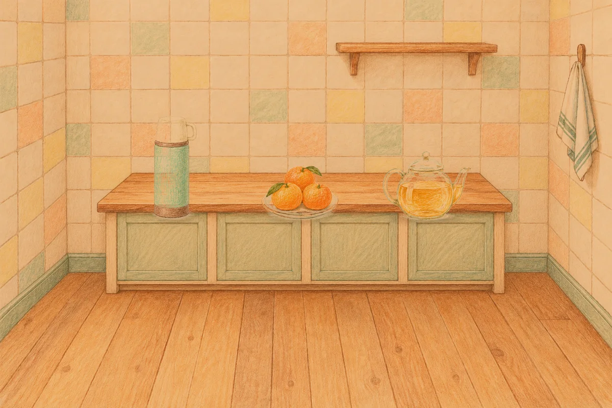 오금동 여성전용 1인샵 안내 그림, 저녁의 부엌 나무 조리대 위에 놓인 보온병, 귤이 담긴 접시, 유리 티포트
