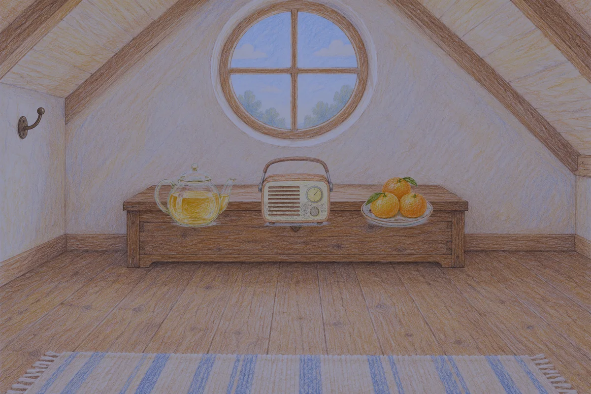 오금동 여성전용 홈케어 추천 안내 그림, 밤의 다락방 나무 궤짝 위에 놓인 유리 티포트, 작은 라디오, 귤이 담긴 접시