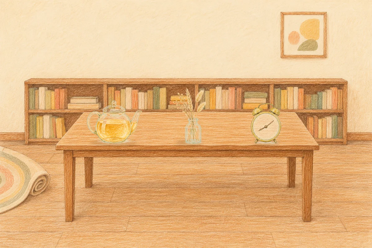 오금동 여성전용 발마사지 안내 그림, 낮의 서재 긴 책상 위에 놓인 유리 티포트, 마른 풀을 꽂은 항아리, 둥근 알람시계