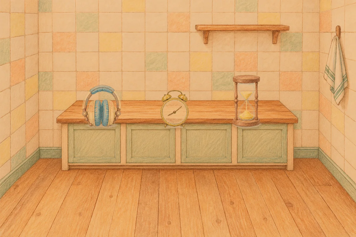 오금동 여성전용 발 케어 안내 그림, 저녁의 부엌 나무 조리대 위에 놓인 헤드폰, 둥근 알람시계, 모래시계