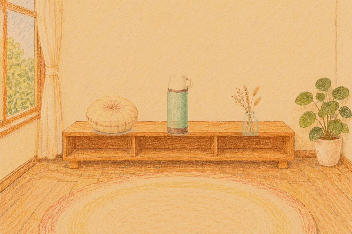 오금동 여성전용 림프 마사지 안내 그림, 저녁의 창가 낮은 선반 위에 놓인 둥근 쿠션, 보온병, 마른 풀을 꽂은 항아리