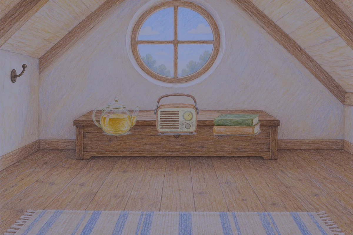 오금동 여성전용 부종 케어 안내 그림, 밤의 다락방 나무 궤짝 위에 놓인 유리 티포트, 작은 라디오, 책 두 권