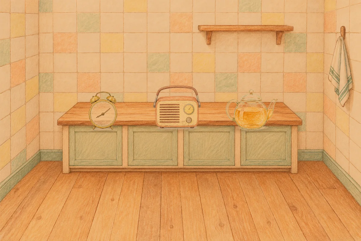 오금동 여성전용 다이어트 마사지 안내 그림, 저녁의 부엌 나무 조리대 위에 놓인 둥근 알람시계, 작은 라디오, 유리 티포트