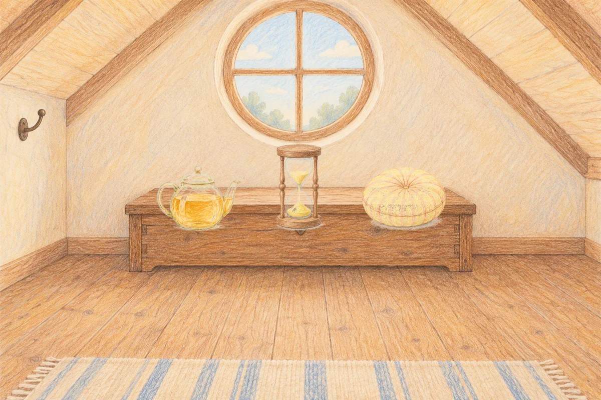 오금동 여성전용 등 마사지 안내 그림, 낮의 다락방 나무 궤짝 위에 놓인 유리 티포트, 모래시계, 둥근 쿠션