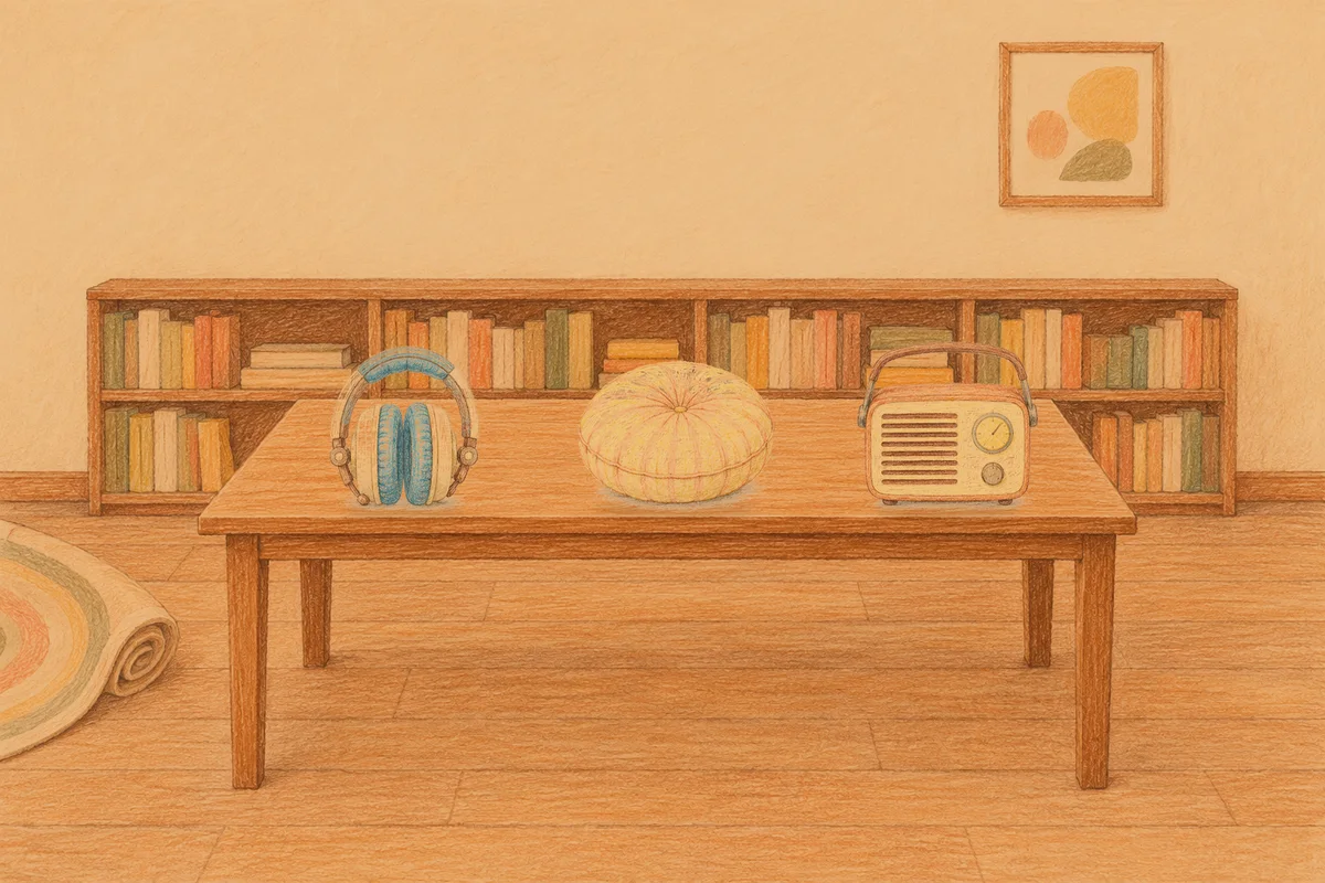 오금동 여성전용 두피 케어 안내 그림, 저녁의 서재 긴 책상 위에 놓인 헤드폰, 둥근 쿠션, 작은 라디오