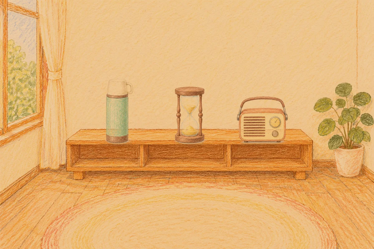 오금동 여성전용 수면 케어 안내 그림, 저녁의 창가 낮은 선반 위에 놓인 보온병, 모래시계, 작은 라디오