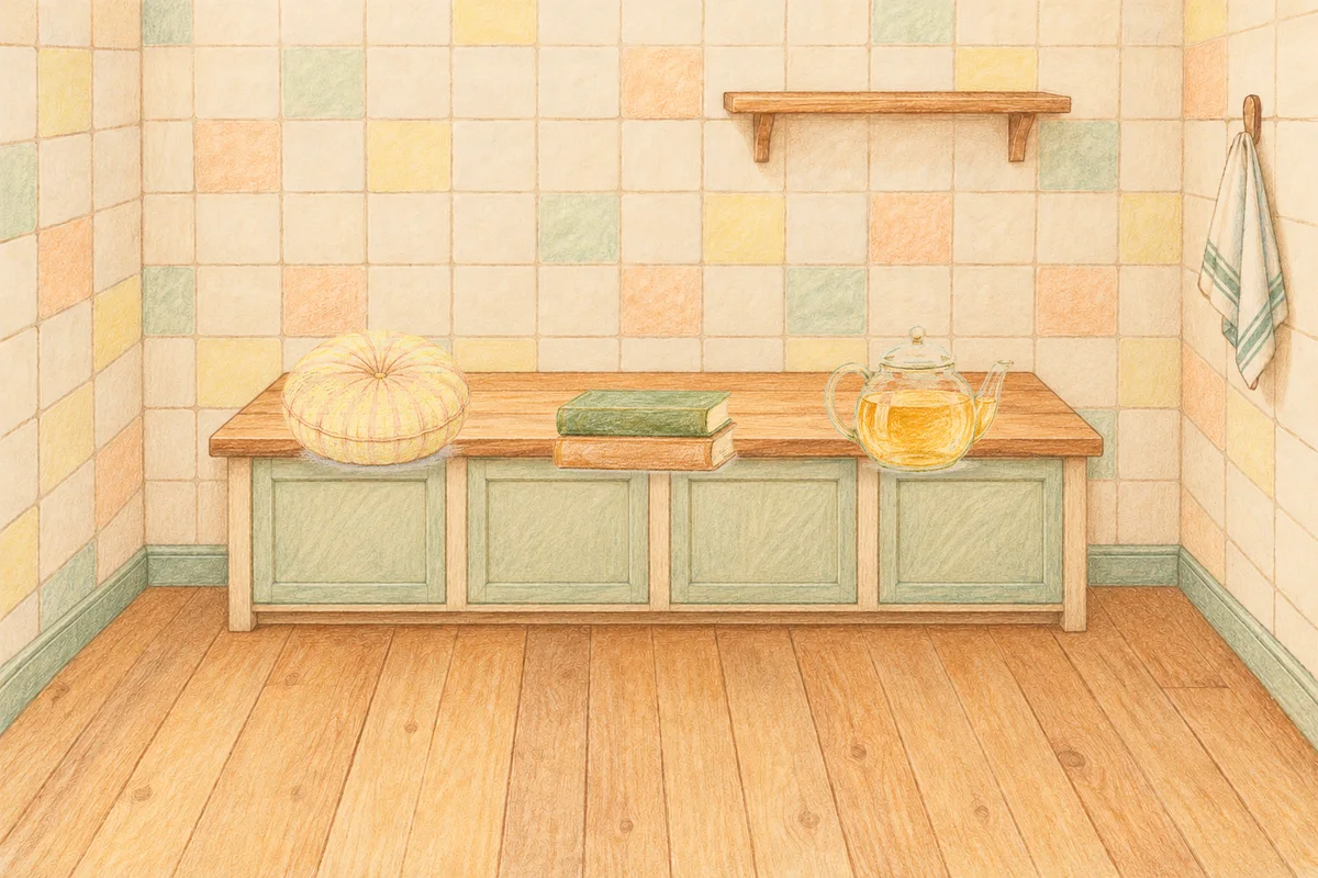 오금동 여성전용 피로 회복 마사지 안내 그림, 낮의 부엌 나무 조리대 위에 놓인 둥근 쿠션, 책 두 권, 유리 티포트